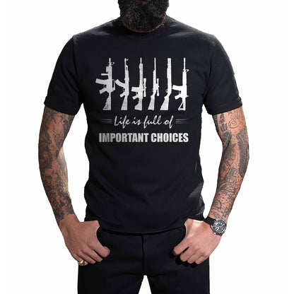 Life Is Full of Important Choices T-Shirt worn, front view on a plain white background