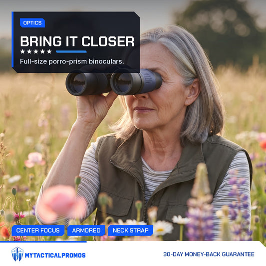 Full-Size Binoculars used by a woman birdwatching in a wildflower meadow