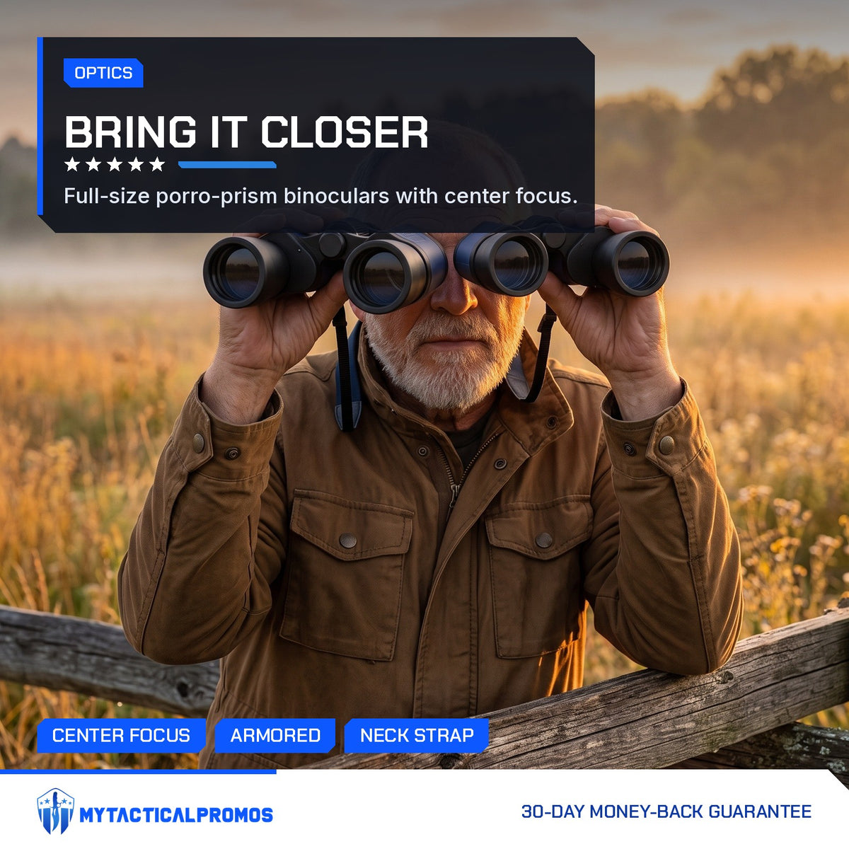 Man looking through the Full-Size Binoculars over a fence at sunrise