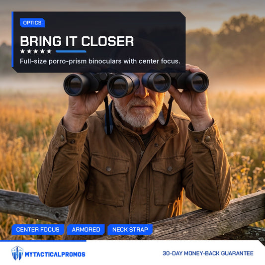 Man looking through the Full-Size Binoculars over a fence at sunrise