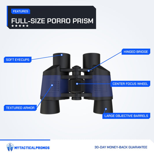 Full-Size Binoculars features labeled: soft eyecups, textured armor, hinged bridge, center focus wheel, large objective barrels