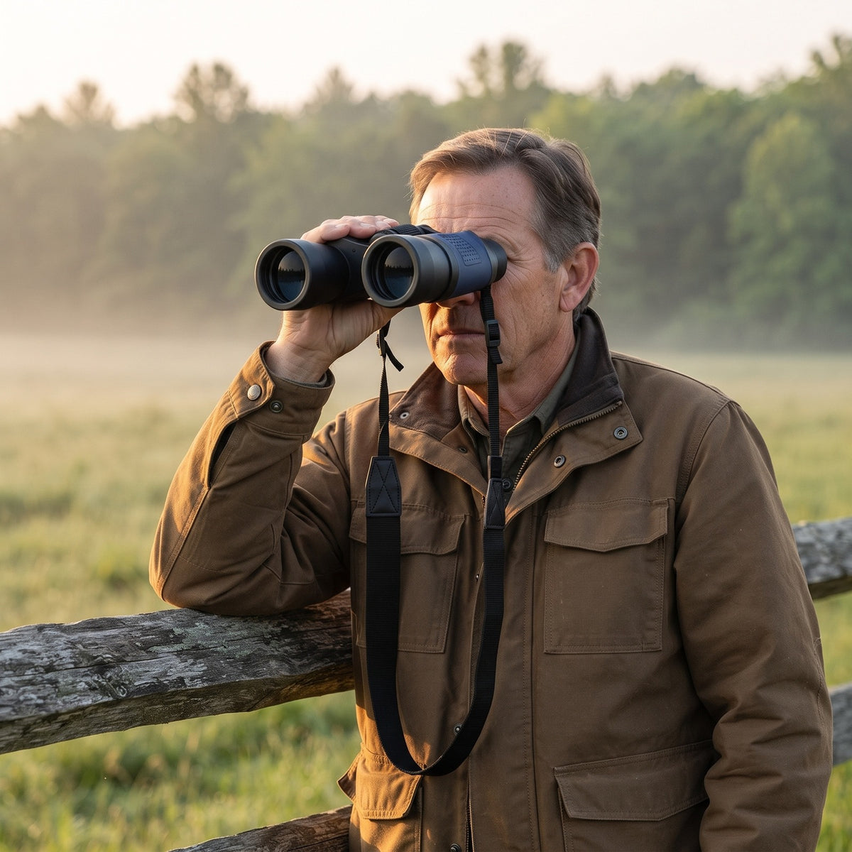 Man using the Full-Size Binoculars with the neck strap on, leaning on a fence