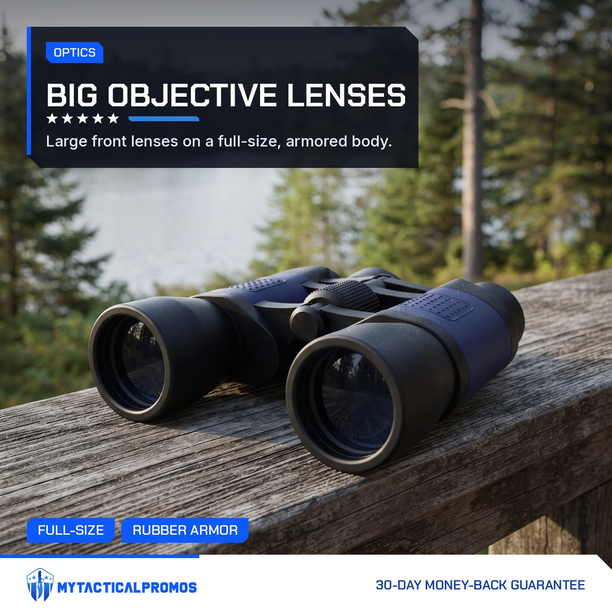 Full-Size Binoculars resting on a wooden deck rail above a lake