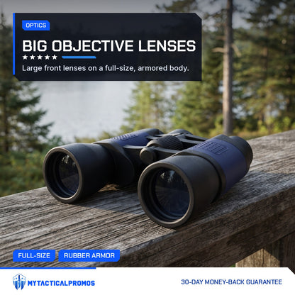 Full-Size Binoculars resting on a wooden deck rail above a lake