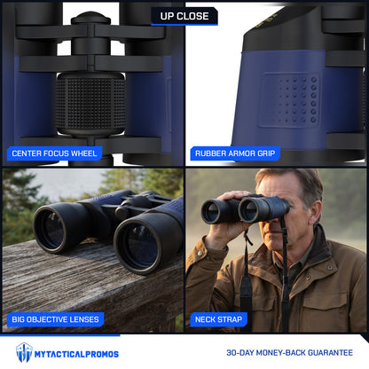 Full-Size Binoculars close-ups: center focus wheel, rubber armor grip, big objective lenses, neck strap