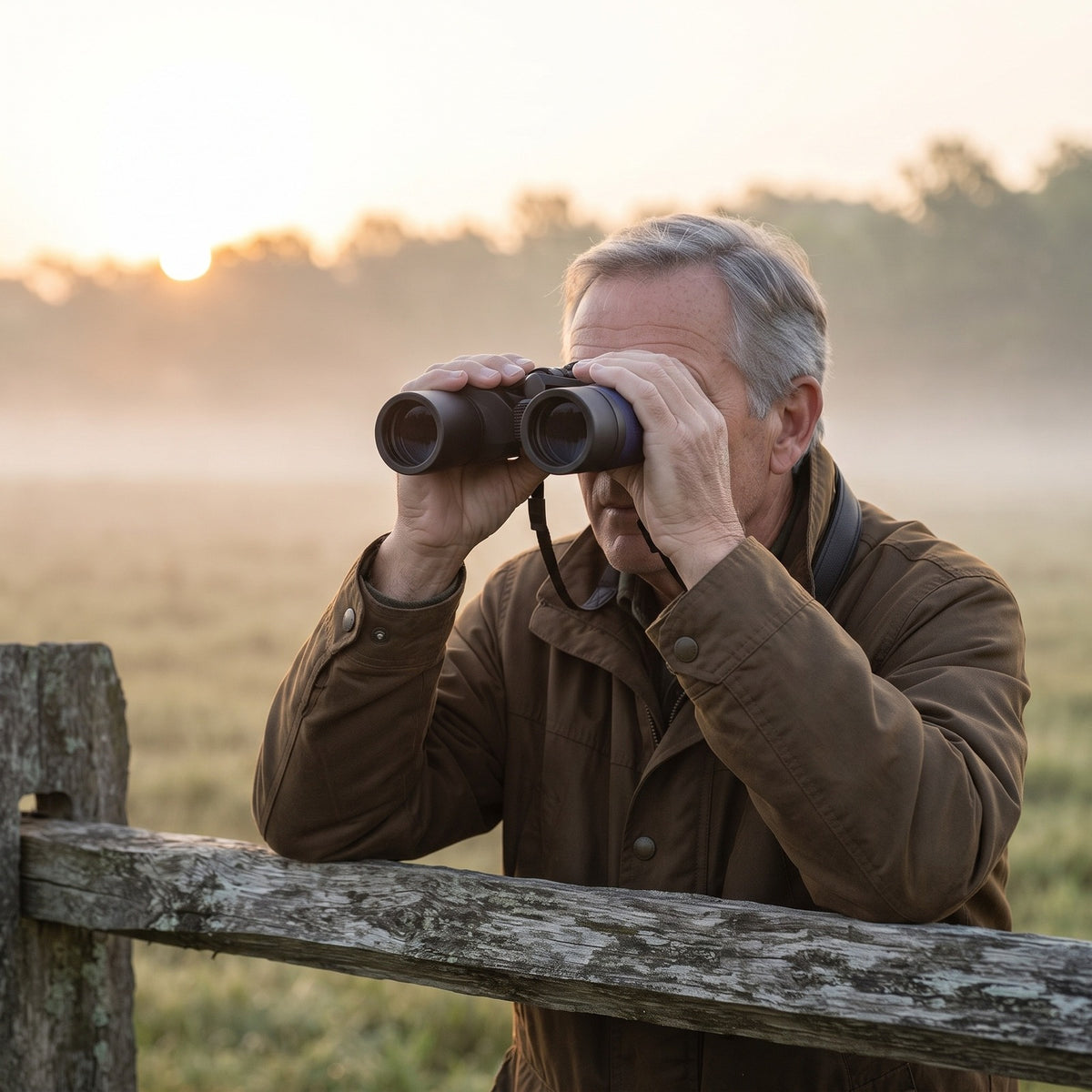 Man glassing a misty field with the Full-Size Binoculars