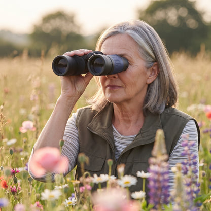 Woman using the Full-Size Binoculars in a wildflower meadow