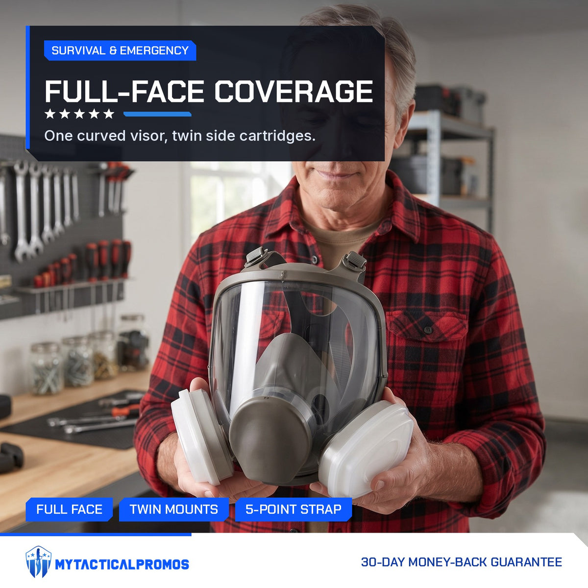 Full-Face Gas Mask held in both hands, twin side cartridges and clear visor