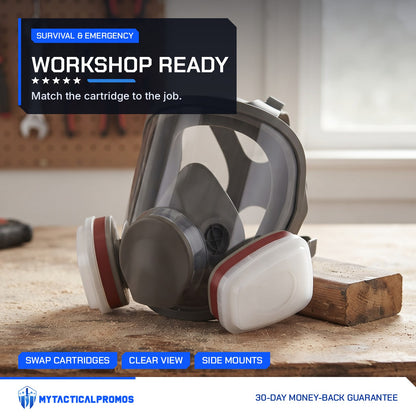Full-Face Gas Mask resting on a garage workbench