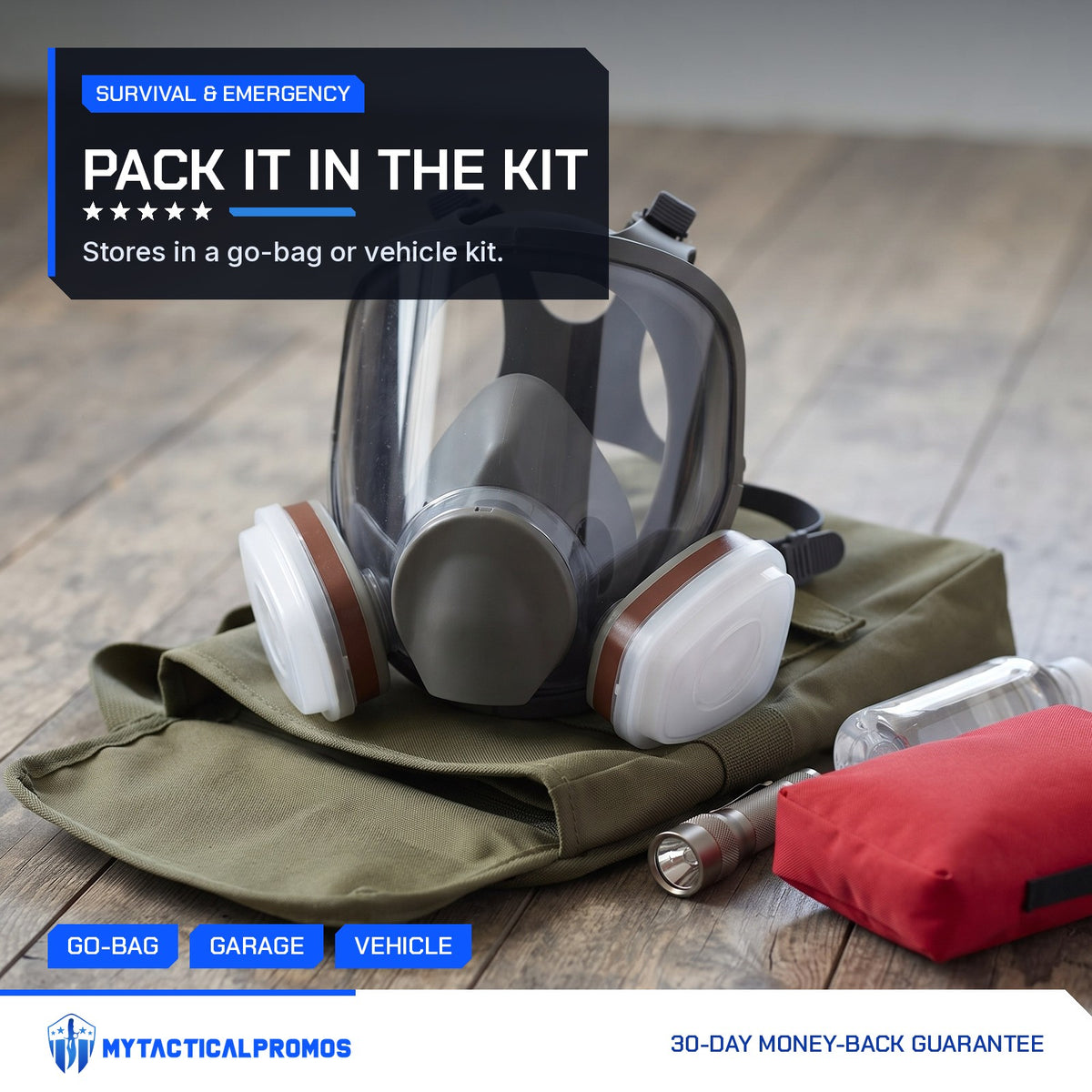 Full-Face Gas Mask packed on an emergency go-bag with a flashlight and first aid pouch