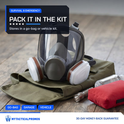 Full-Face Gas Mask packed on an emergency go-bag with a flashlight and first aid pouch