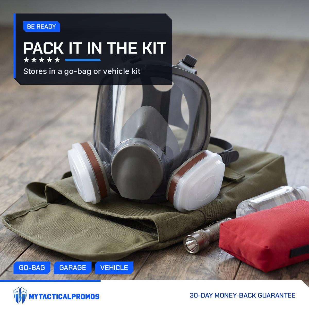 Full-Face Gas Mask on an olive go-bag with a flashlight and first aid pouch