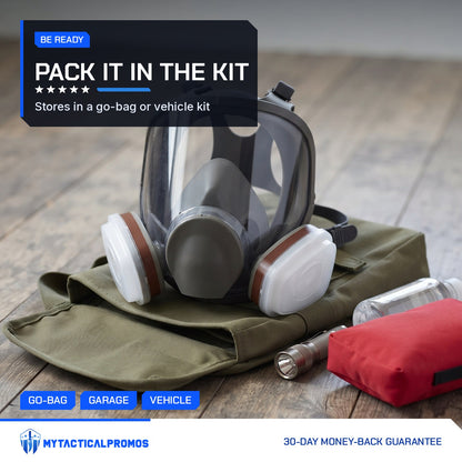 Full-Face Gas Mask on an olive go-bag with a flashlight and first aid pouch