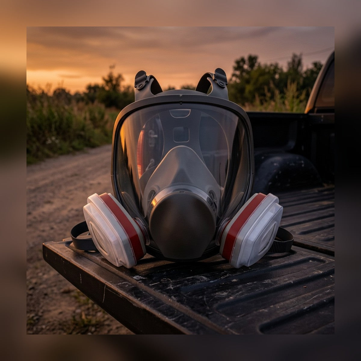 Full-Face Gas Mask resting on a pickup tailgate at dusk