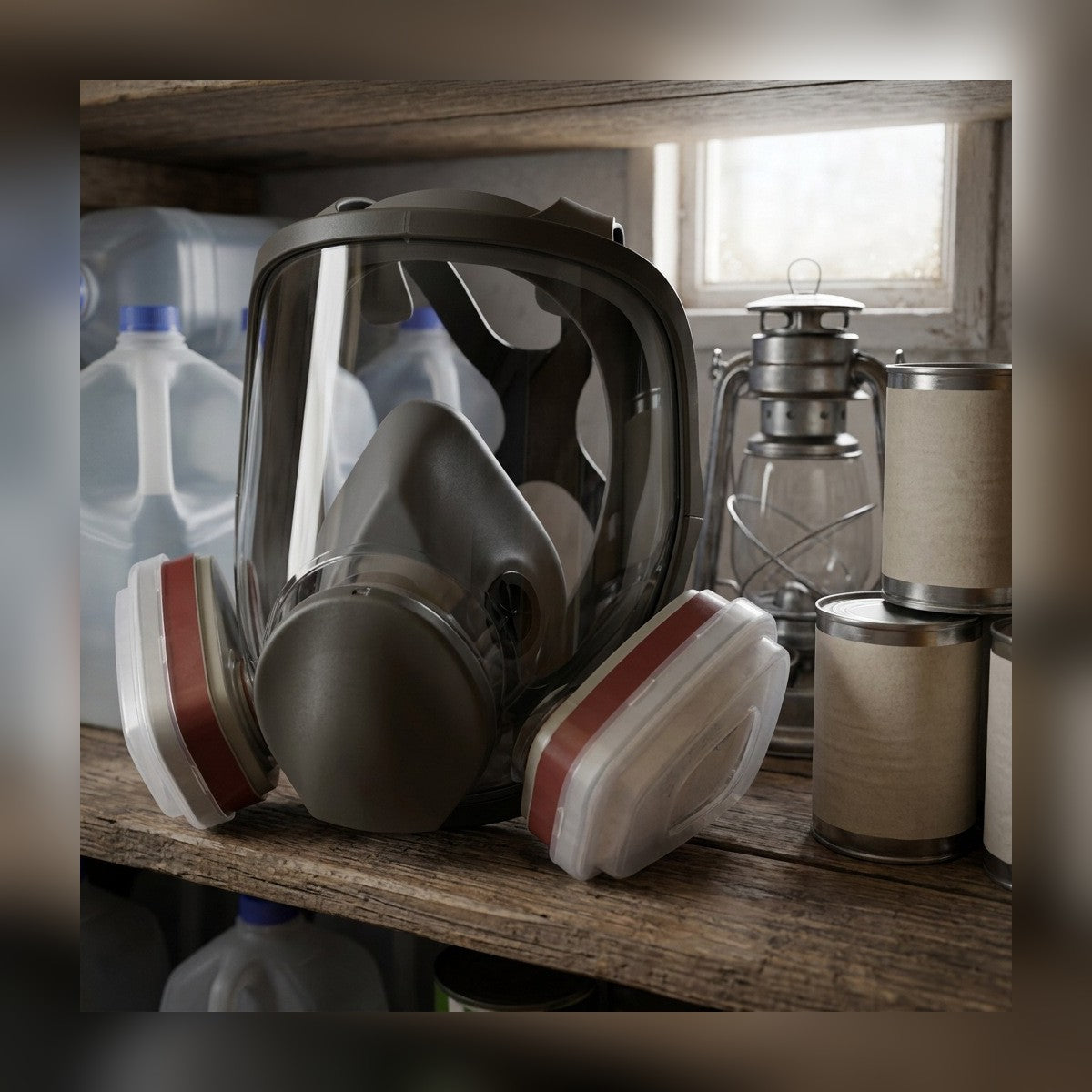 Full-Face Gas Mask on a shelf in a home emergency supply closet with water jugs and a lantern