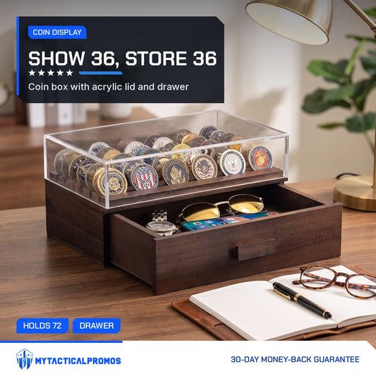 Glass Coin Case display box with drawer on a home office desk