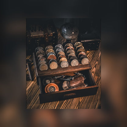 Glass Coin Case with the drawer open on a wooden desk in a study