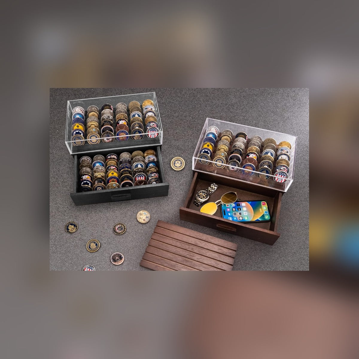Glass Coin Case with the removable wooden drawer insert lifted out