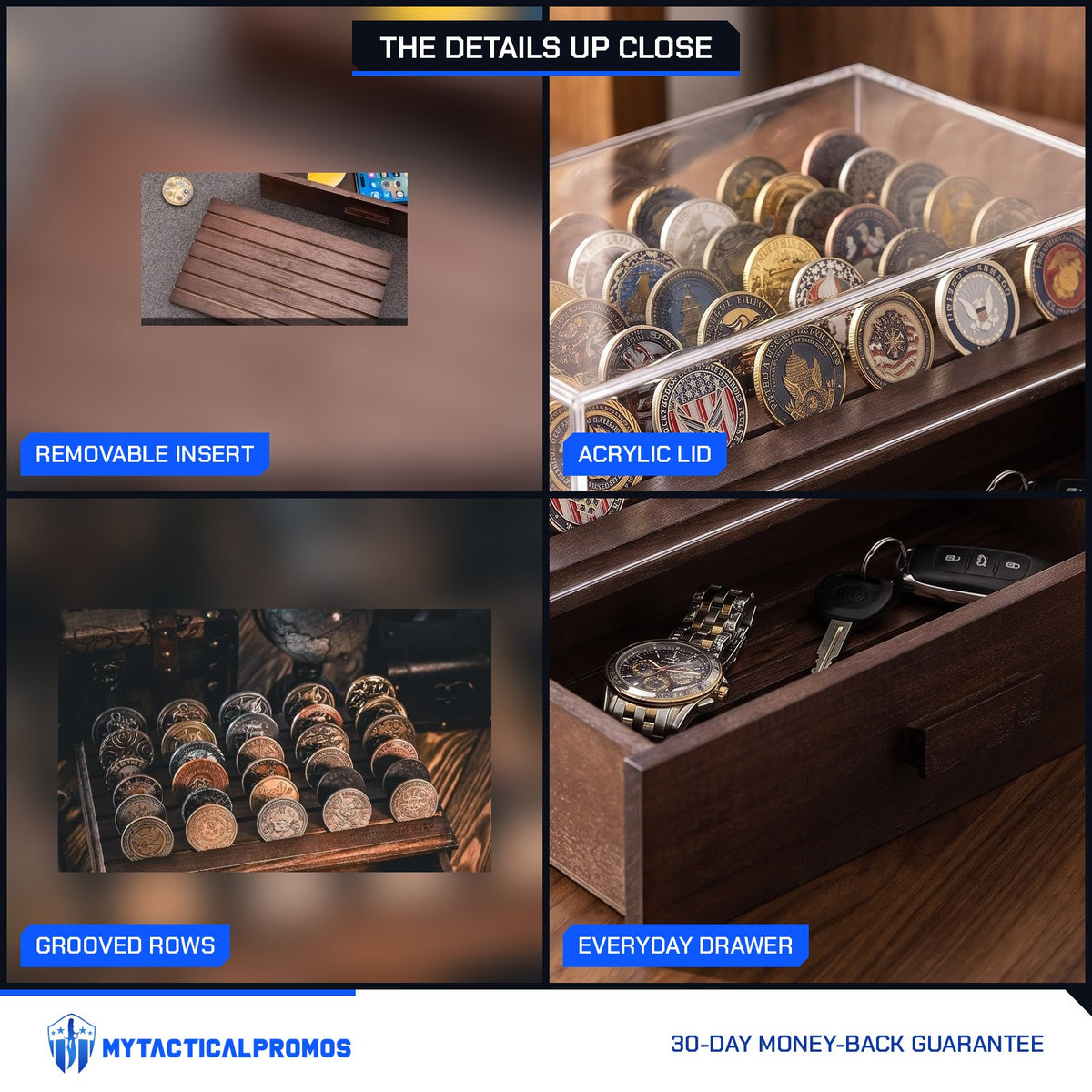 Glass Coin Case close-ups: removable drawer insert, clear acrylic lid, grooved coin rows, drawer for a watch and keys