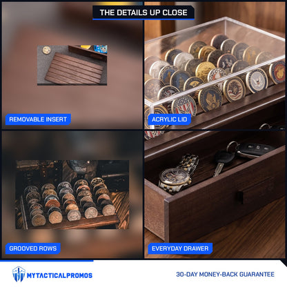 Glass Coin Case close-ups: removable drawer insert, clear acrylic lid, grooved coin rows, drawer for a watch and keys