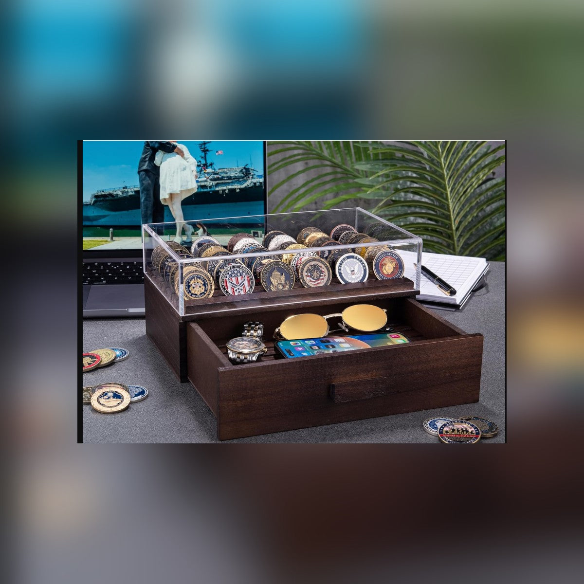 Glass Coin Case with sunglasses, a watch and a phone in the drawer