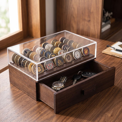 Glass Coin Case on a desk by a window with keys and a watch in the drawer