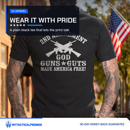 God, Guns and Guts T-Shirt worn on a flag-lined main street