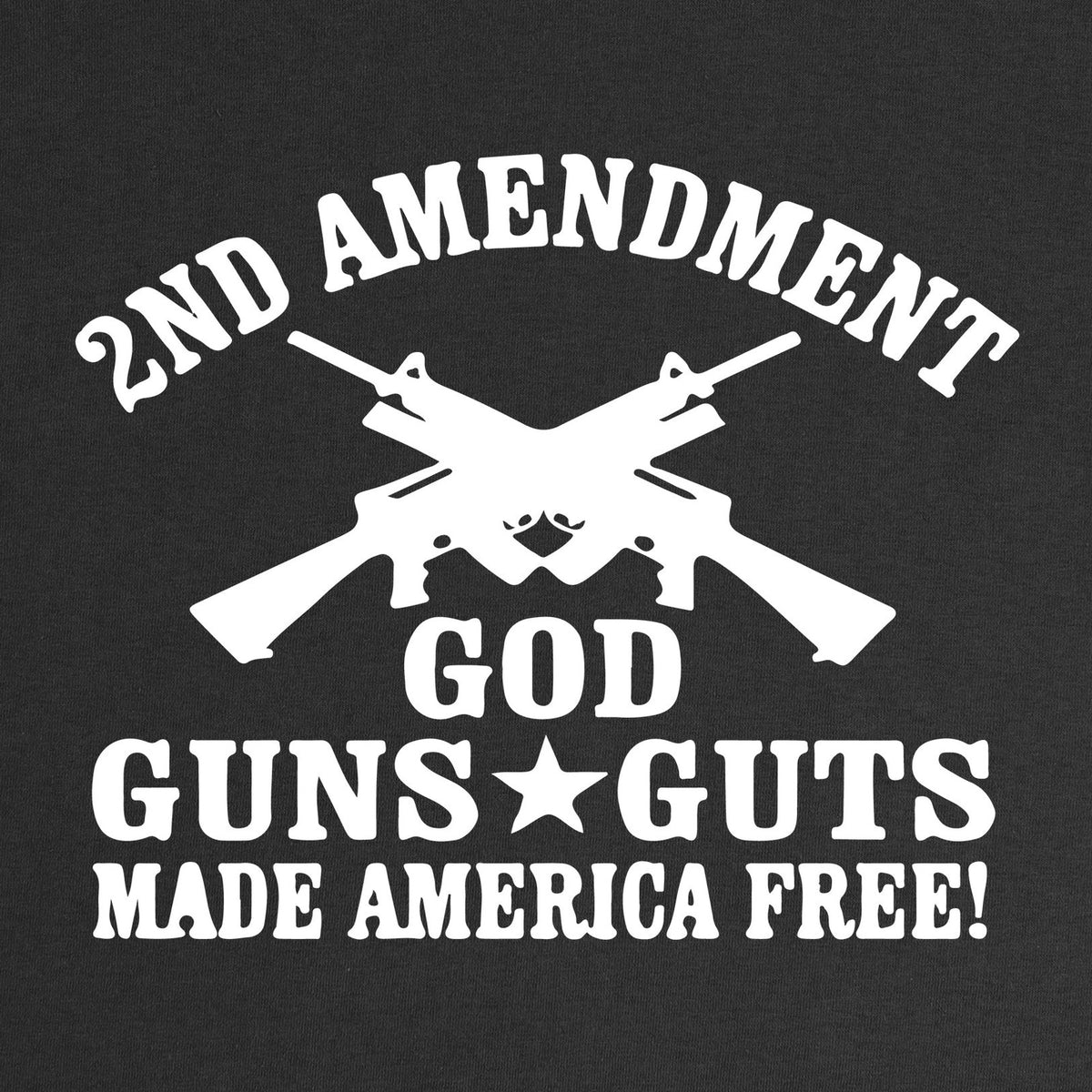 God, Guns and Guts T-Shirt close-up of the 2ND AMENDMENT and crossed rifles print