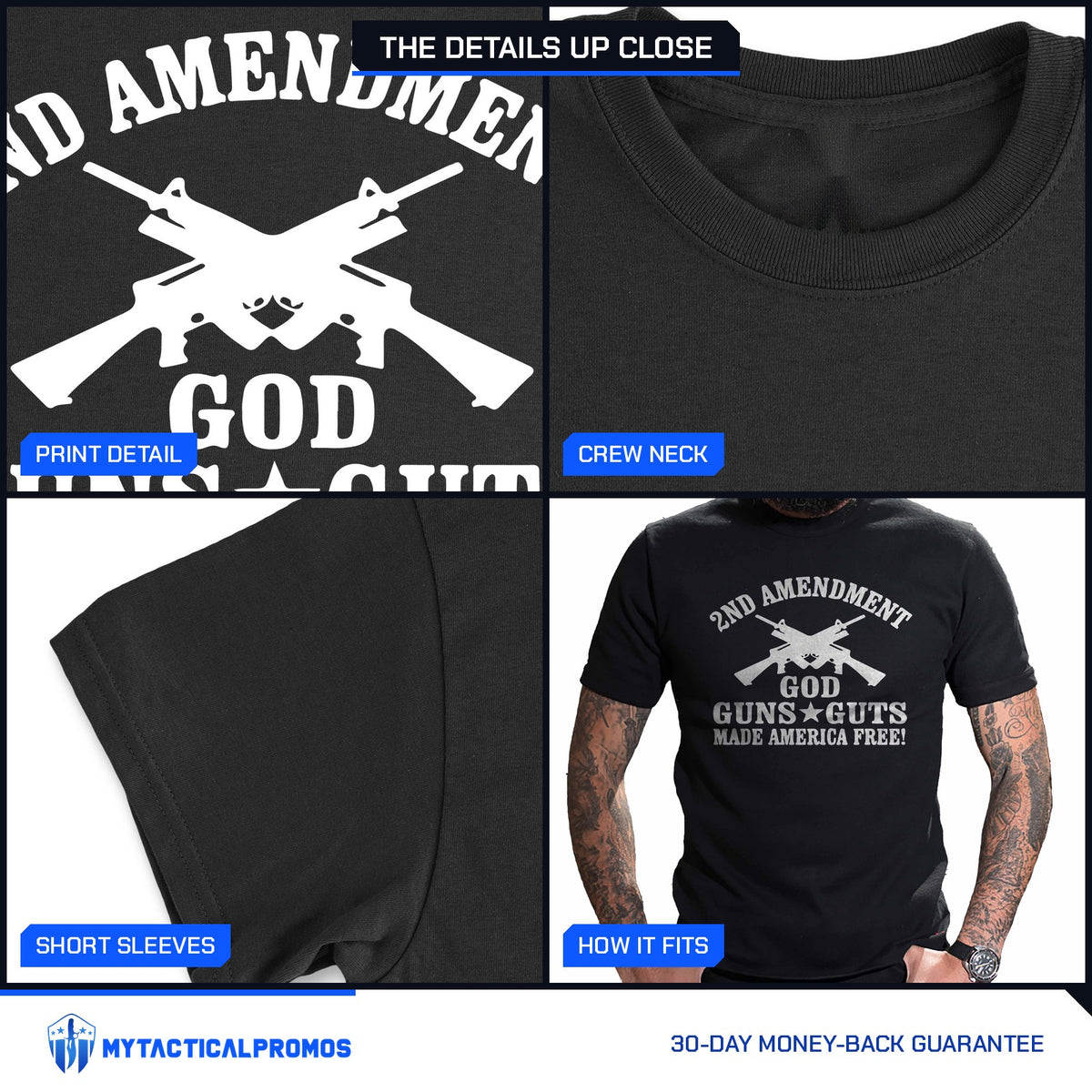 God, Guns and Guts T-Shirt close-ups: print detail, crew neck collar, short sleeve, and how it fits
