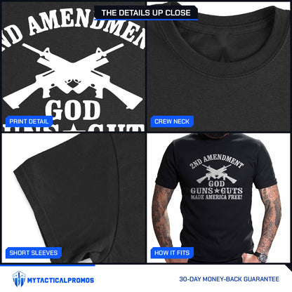 God, Guns and Guts T-Shirt close-ups: print detail, crew neck collar, short sleeve, and how it fits