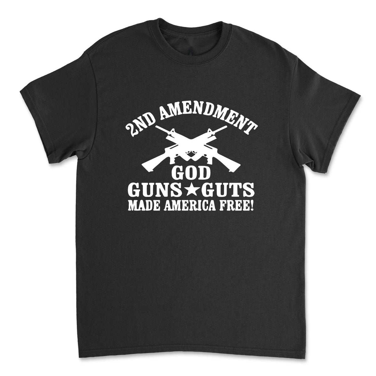 God, Guns and Guts T-Shirt front view laid flat on white