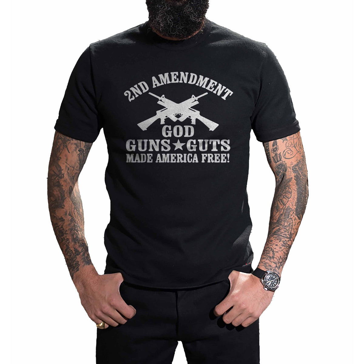 God, Guns and Guts T-Shirt worn, front view on a plain white background