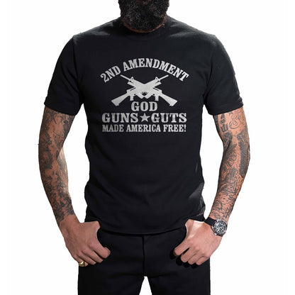 God, Guns and Guts T-Shirt worn, front view on a plain white background