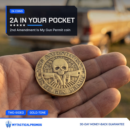 Second Amendment Coin held in a weathered palm outdoors