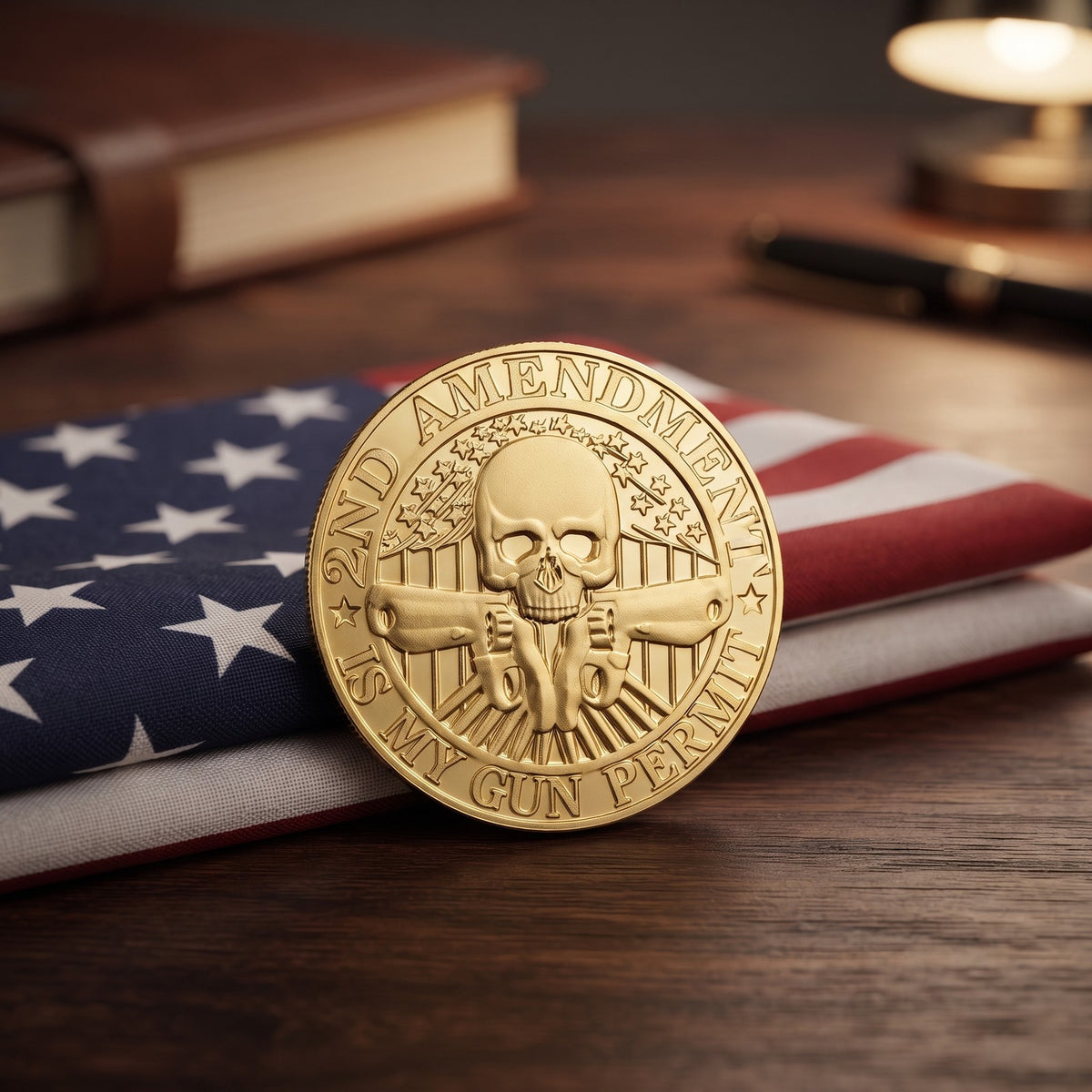 Second Amendment Coin front on a folded American flag: 2nd Amendment Is My Gun Permit