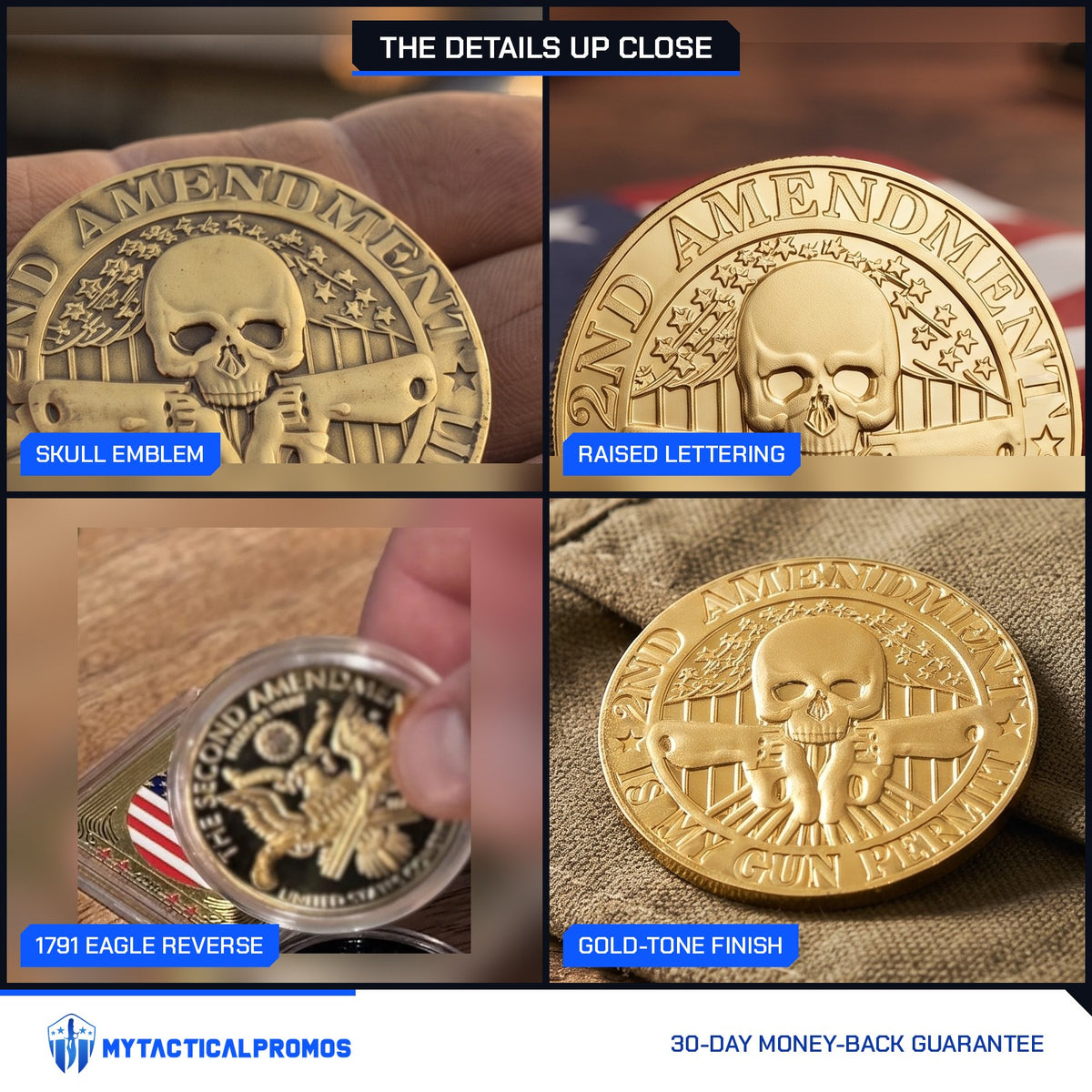 Second Amendment Coin close-ups: skull emblem, raised lettering, 1791 eagle reverse, gold-tone finish