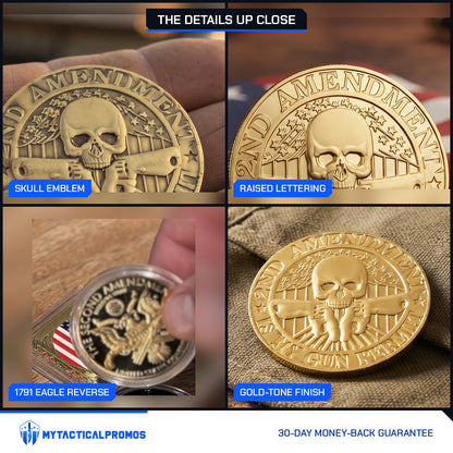 Second Amendment Coin close-ups: skull emblem, raised lettering, 1791 eagle reverse, gold-tone finish
