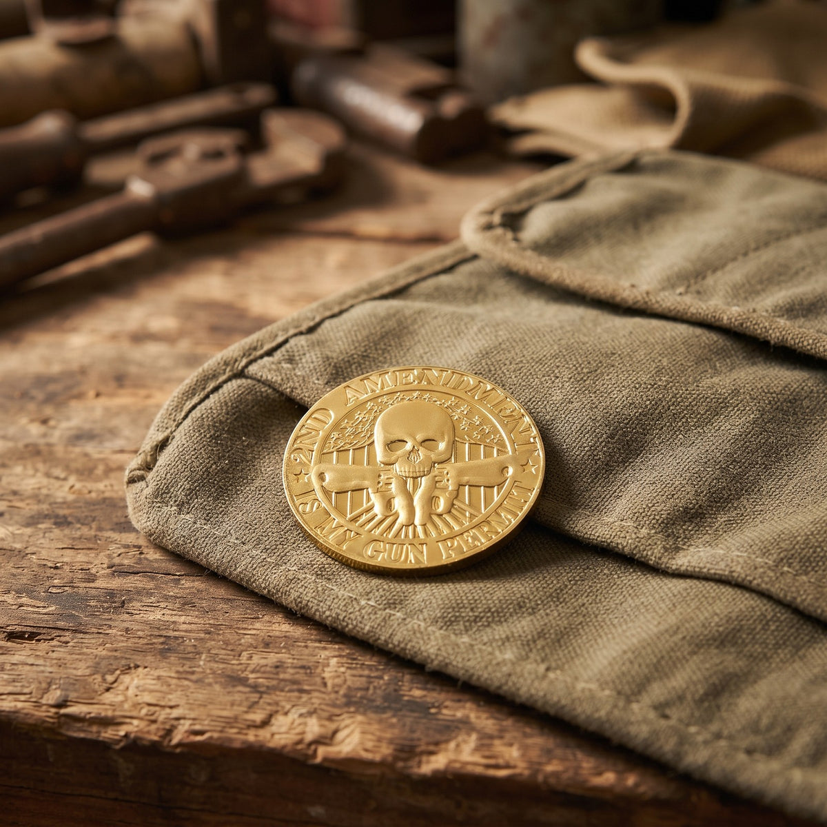 Second Amendment Coin on a canvas roll on a wooden workbench