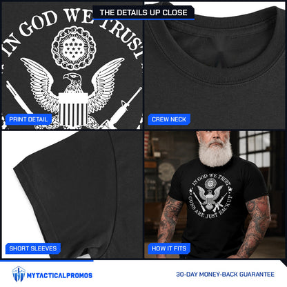 Guns Are Just Backup T-Shirt close-ups: print detail, crew neck collar, short sleeve, and how it fits