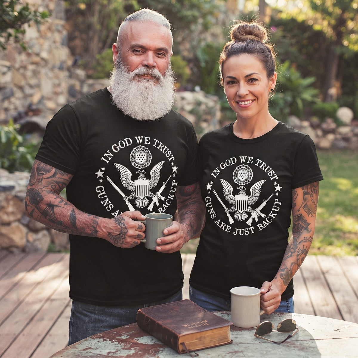 Guns Are Just Backup T-Shirt worn by a man and a woman, matching tees