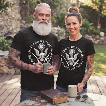 Guns Are Just Backup T-Shirt worn by a man and a woman, matching tees