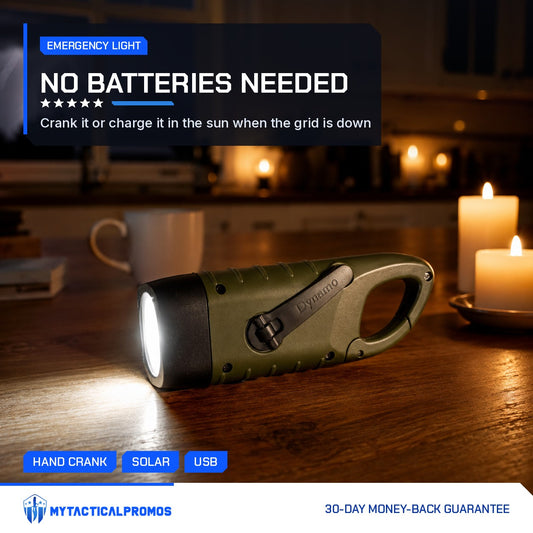 Hand Crank Flashlight lit on a kitchen table by candlelight during a storm outage