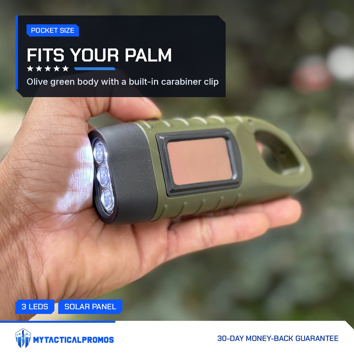 Hand Crank Flashlight lit and held in an open palm outdoors
