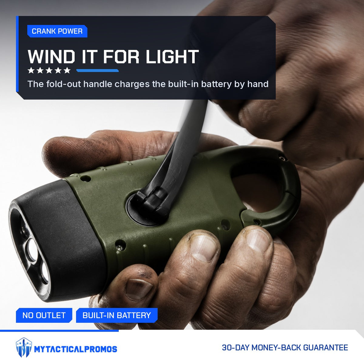 Hands winding the fold-out crank on the Hand Crank Flashlight