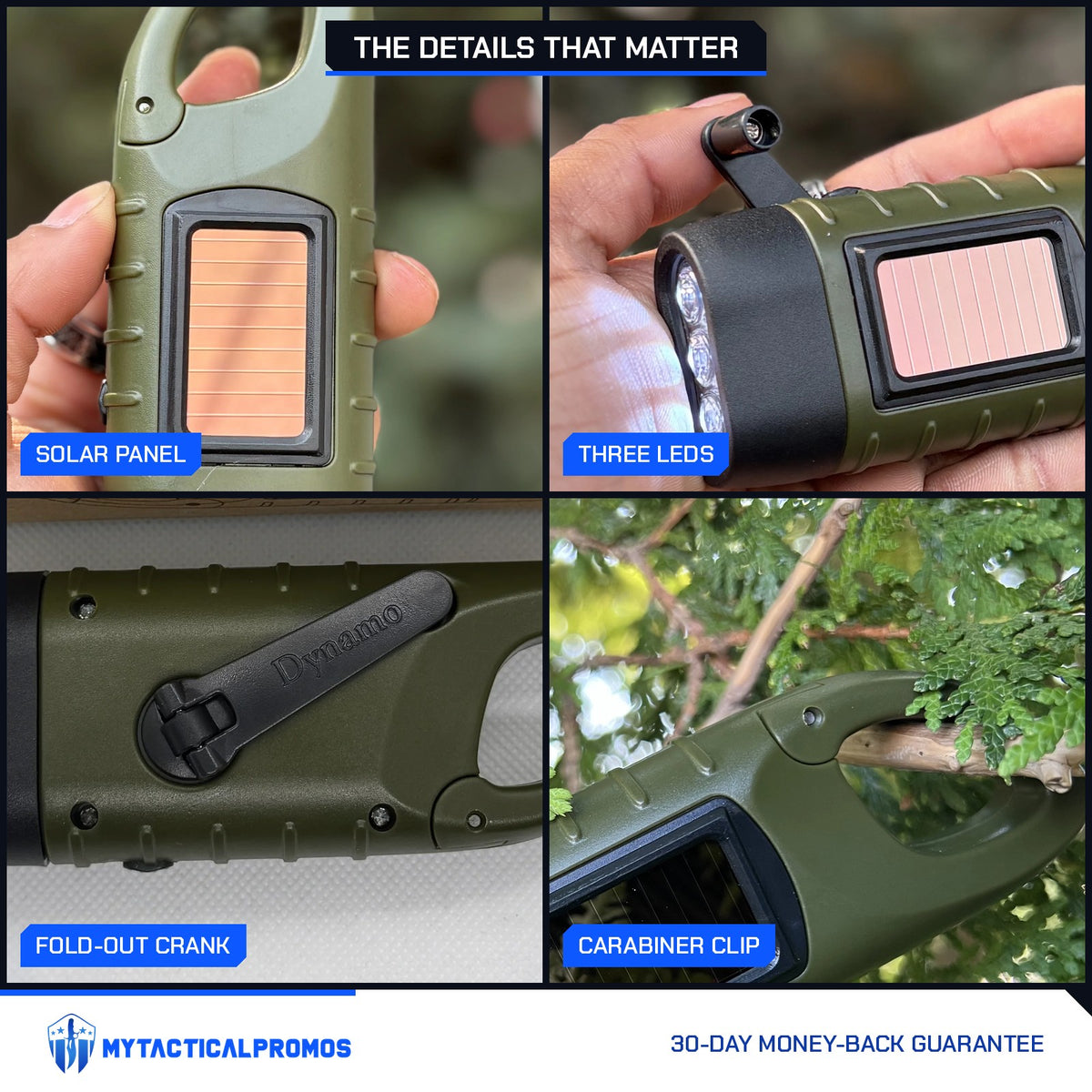Hand Crank Flashlight close-ups: solar panel, three LEDs lit, crank handle, carabiner hanging from a branch