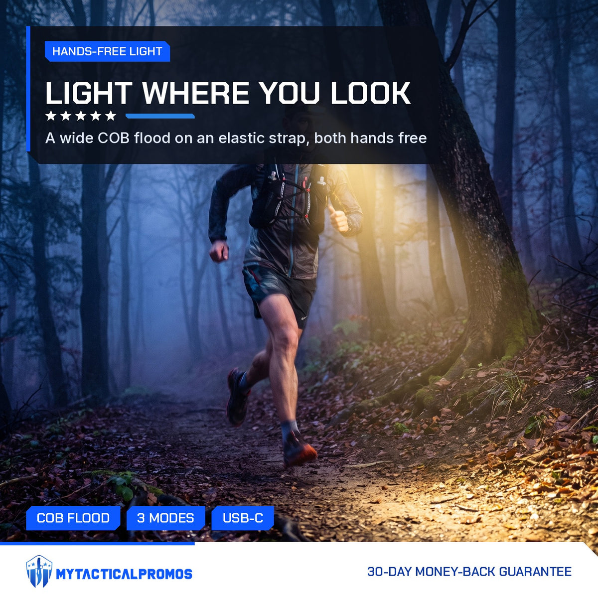 Trail runner wearing the Headlamp at night, wide beam lighting a forest path