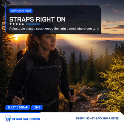 Woman hiker wearing the Headlamp on her forehead at sunset