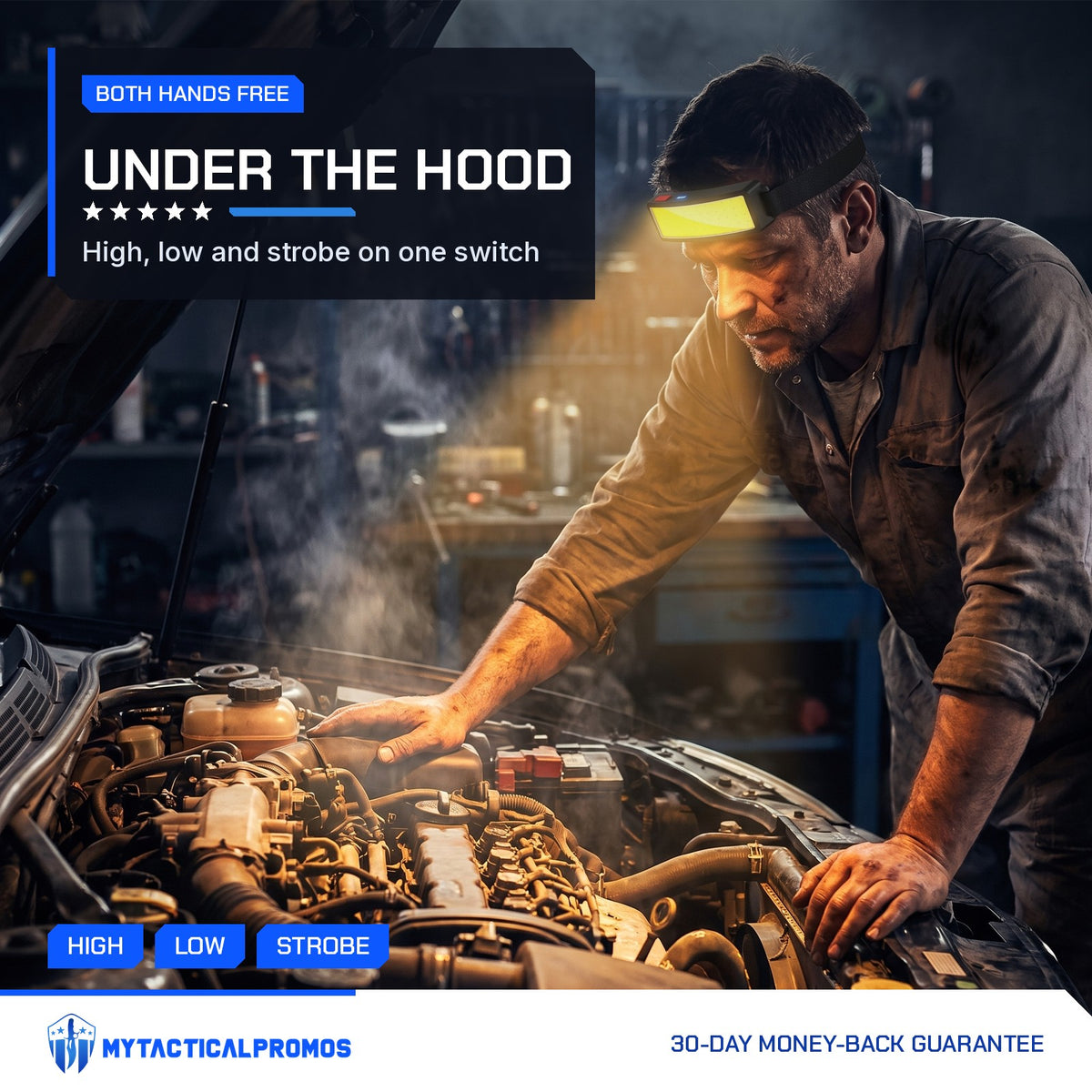 Man wearing the Headlamp while working on a car engine