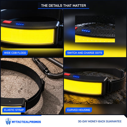 Headlamp close-ups: wide COB flood, switch and charge dots, elastic strap, curved housing