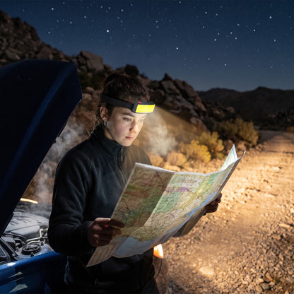 Woman reading a map by the light of the Headlamp beside her vehicle at night